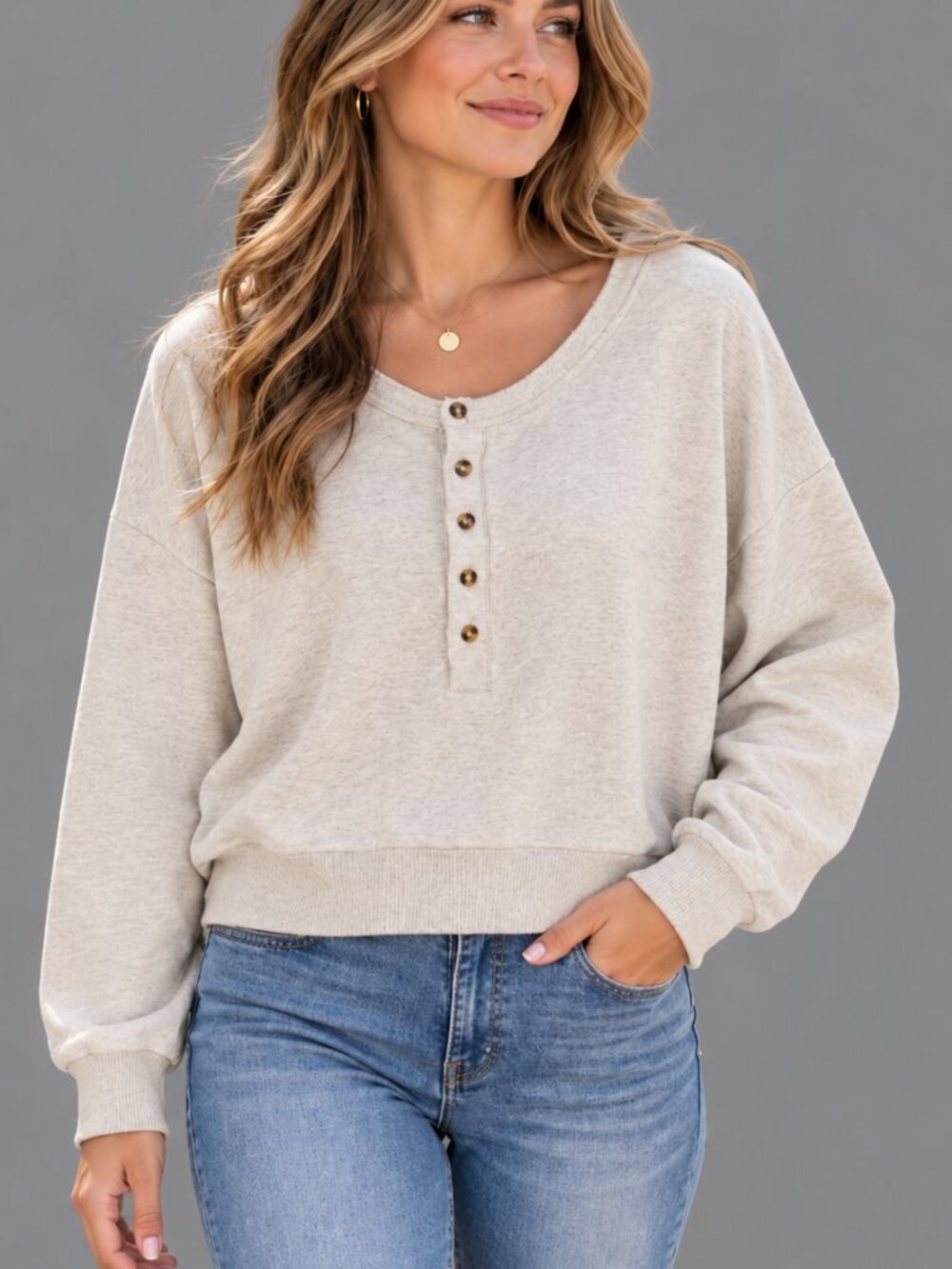 Women's Oatmeal Pullover Raw Edge Finish Cotton Blend Casual Size L